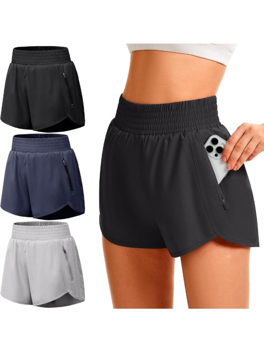 High-Waisted Women's Athletic Shorts with Liner & 2 Zipper Pockets - Activewear